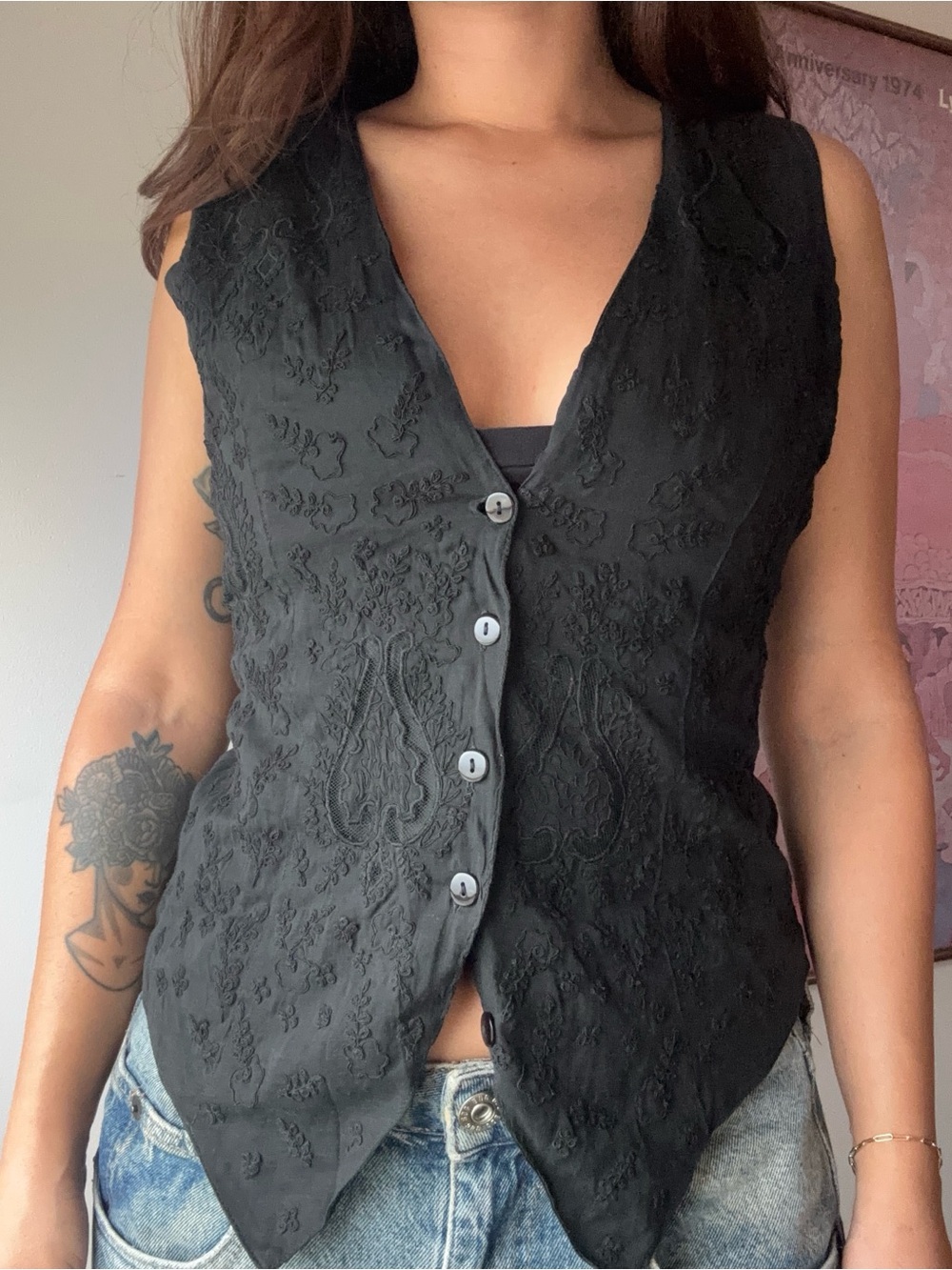 Vintage Black Embroidered V-Neck Button-Up Vest